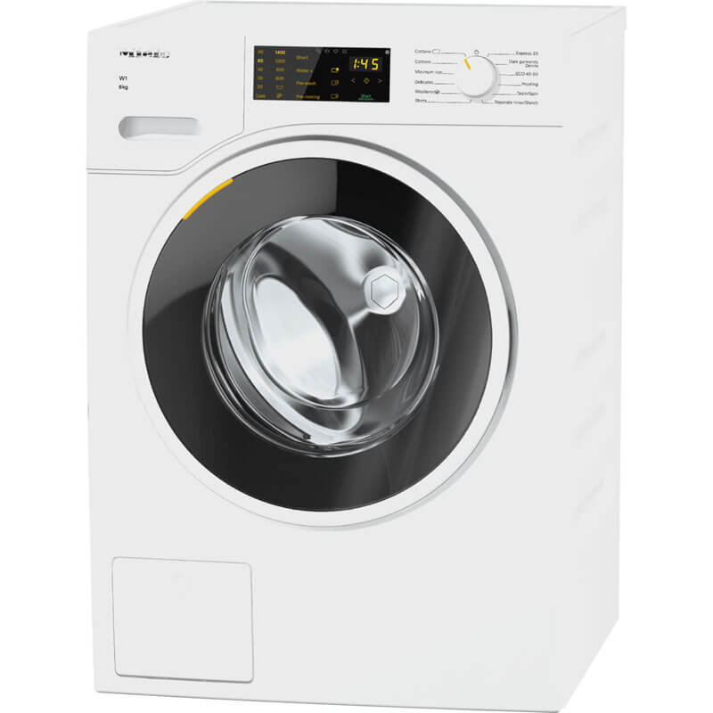 Miele WWD 120 8KG front loader washing machine with sleek white design and modern control panel for efficient laundry washing.