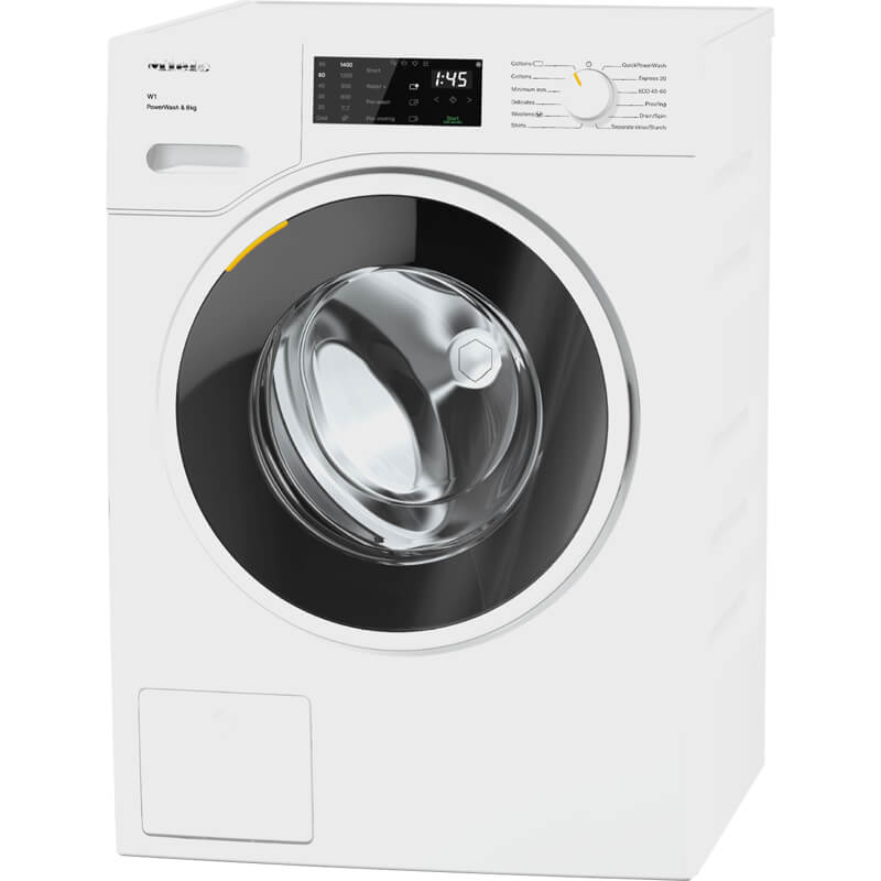 Miele WWD 320 8kg front load washing machine in white with a sleek, modern design.