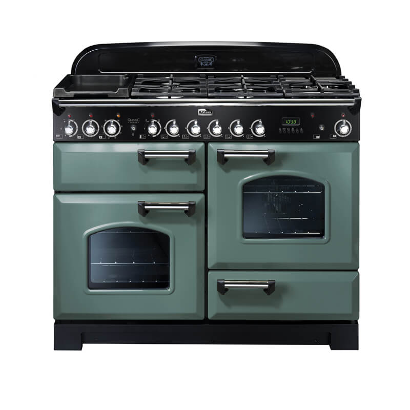 Falcon Classic Deluxe CDL110DFMG-CH 110cm Mineral Green & Chrome Dual Fuel Range Cooker, a stylish freestanding kitchen appliance with dual fuel functionality, featuring multiple ovens, a stainless steel finish, and a classic design.