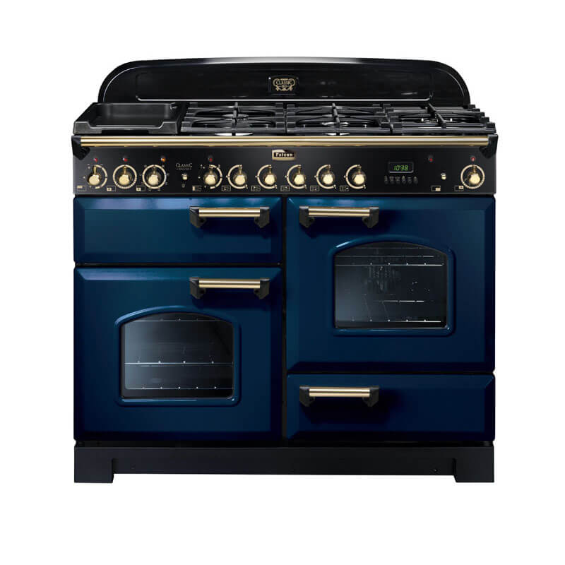 Falcon Classic Deluxe CDL110DFRB-BR 110cm Royal Blue & Brass Dual Fuel Range Cooker with five gas burners, two ovens, and brass trim, perfect for enhancing modern kitchens.