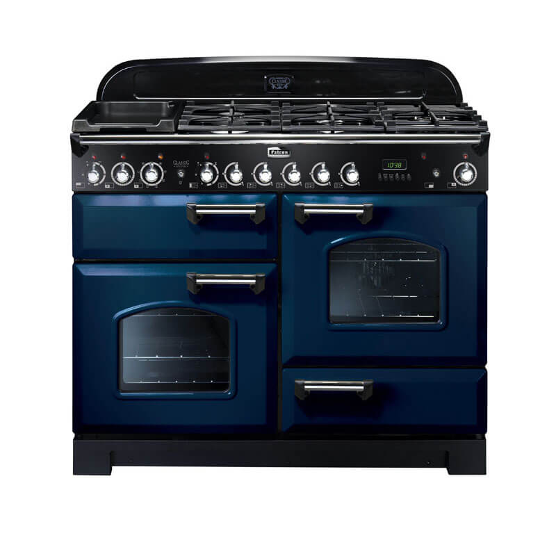 Falcon Classic Deluxe CDL110DFRB-CH 110cm Royal Blue & Chrome Dual Fuel Range Cooker in a modern kitchen setting, showcasing a stylish combination of royal blue and chrome with multiple cooking ovens and cooktops.