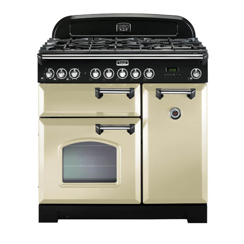 Falcon Classic Deluxe 90cm dual fuel range cooker in cream and chrome for timeless kitchen style