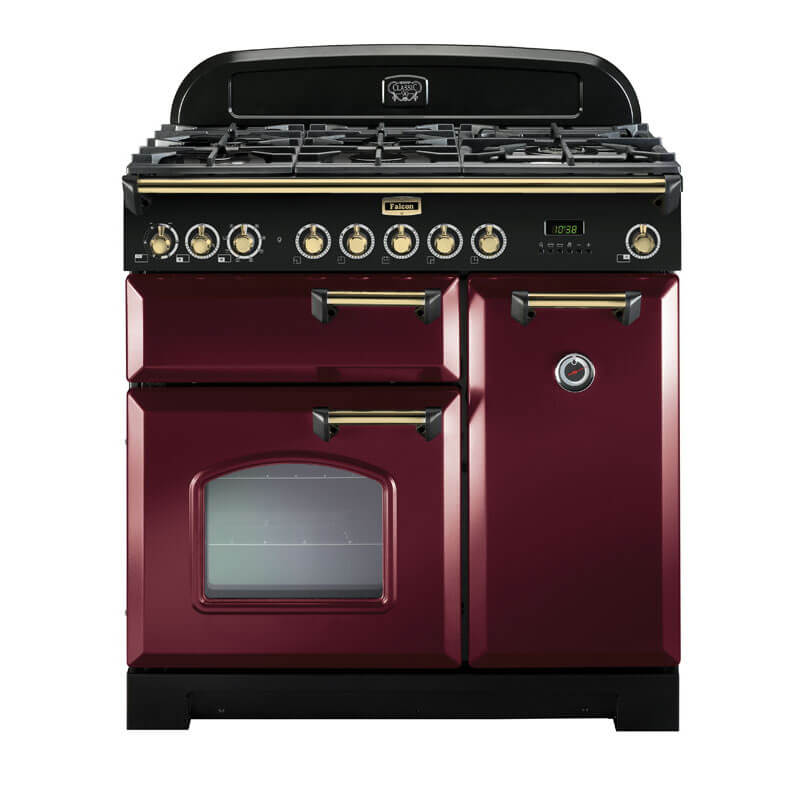 Falcon Classic Deluxe 90cm dual fuel range cooker in cranberry and brass for a vibrant and elegant kitchen