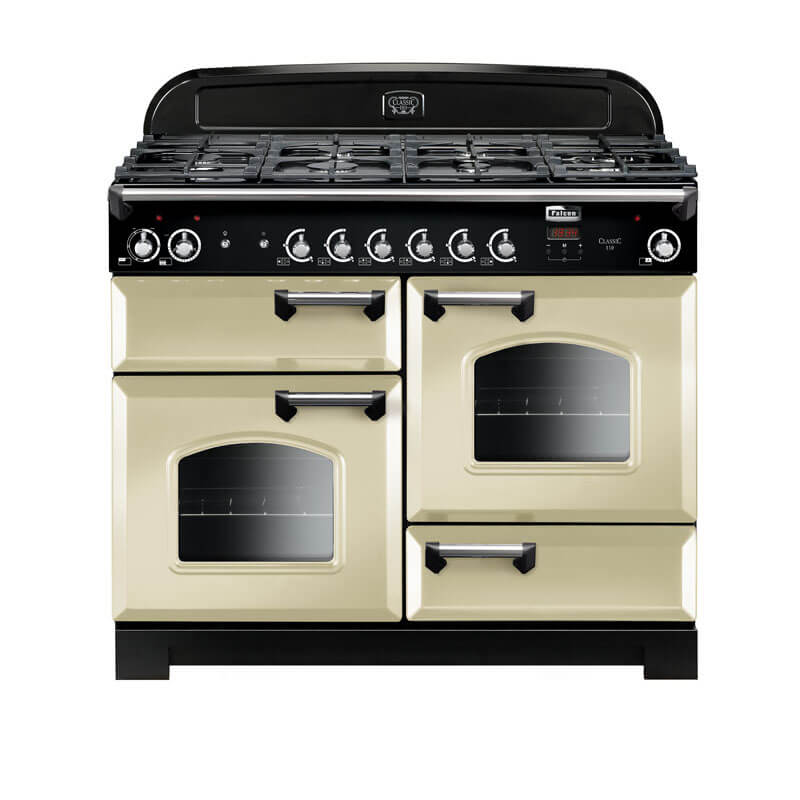 Falcon Classic 110cm dual fuel range cooker in cream and chrome for a classic and reliable cooking appliance