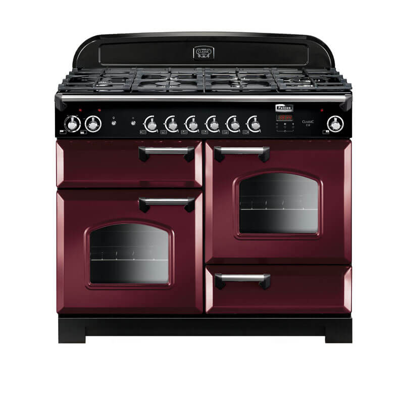 Falcon Classic 110cm gas range cooker in cranberry and chrome, delivering efficient cooking