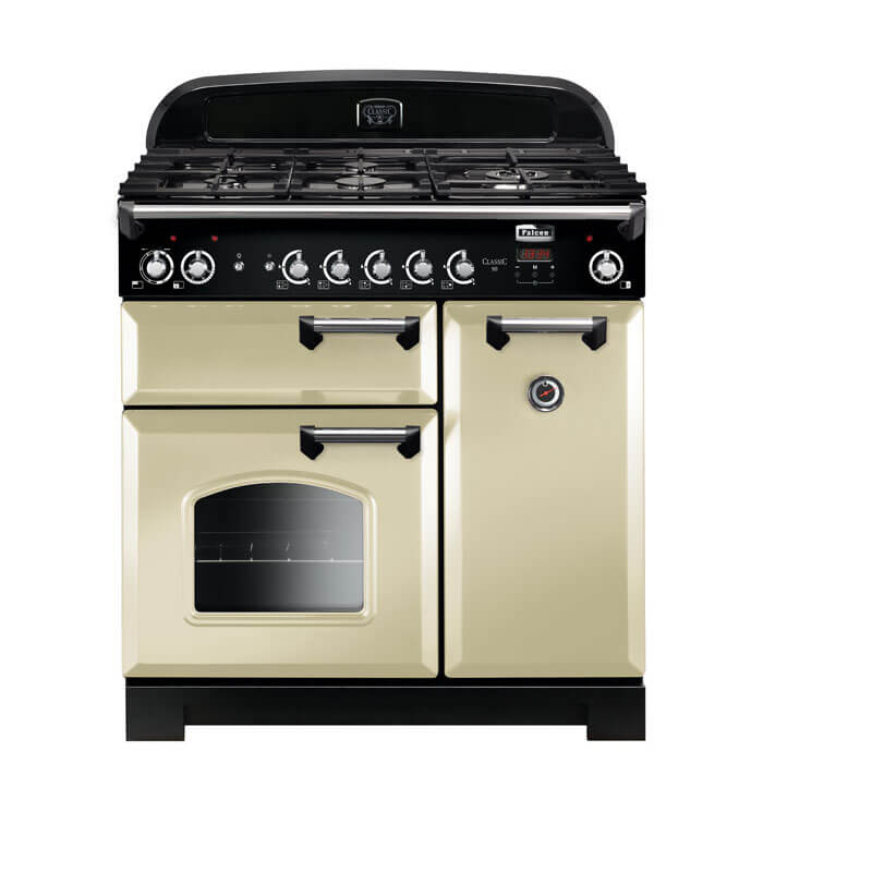 Falcon Classic 90cm dual fuel range cooker in cream and chrome, combining classic style with modern cooking performance