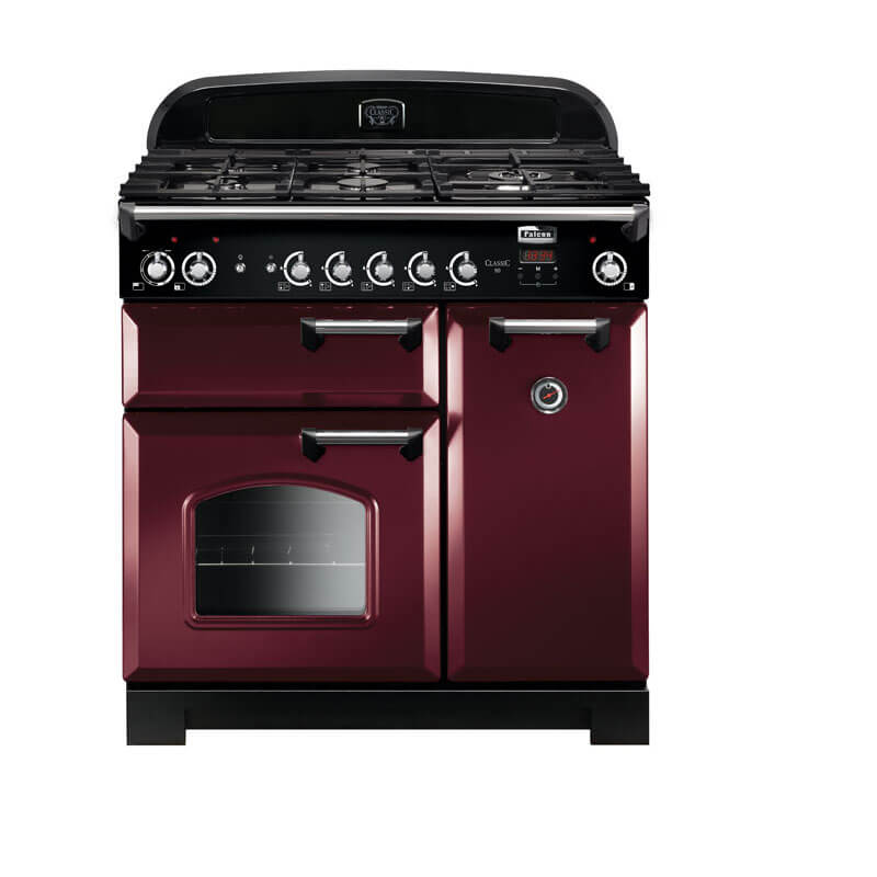 Falcon Classic 90cm gas range cooker in cranberry and chrome, offering classic design with superior cooking performance