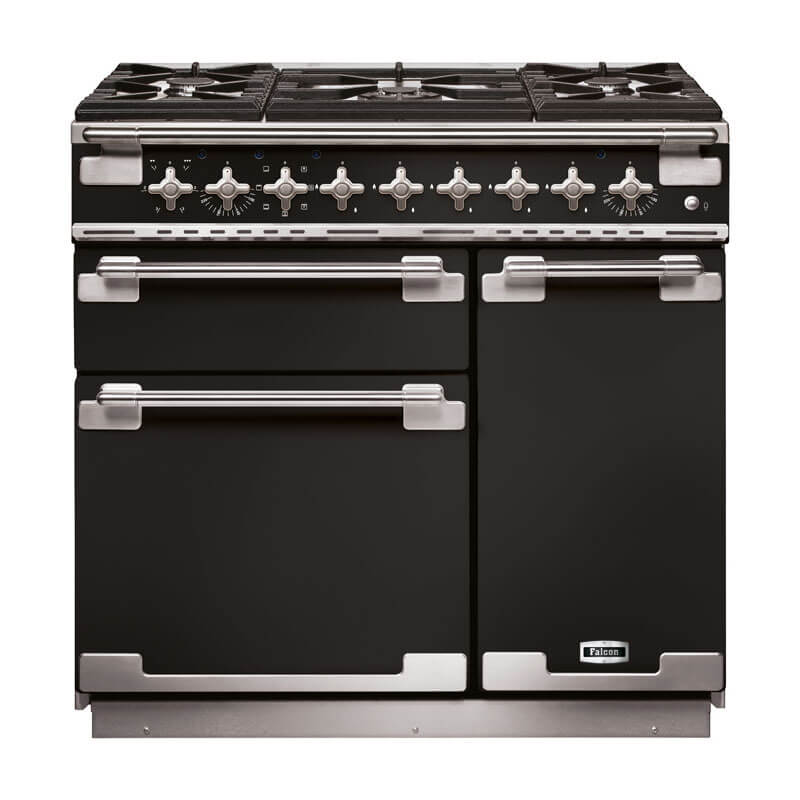 Falcon Elise 90cm Black & Nickel Dual Fuel Range Cooker with a modern design and versatile cooking options.