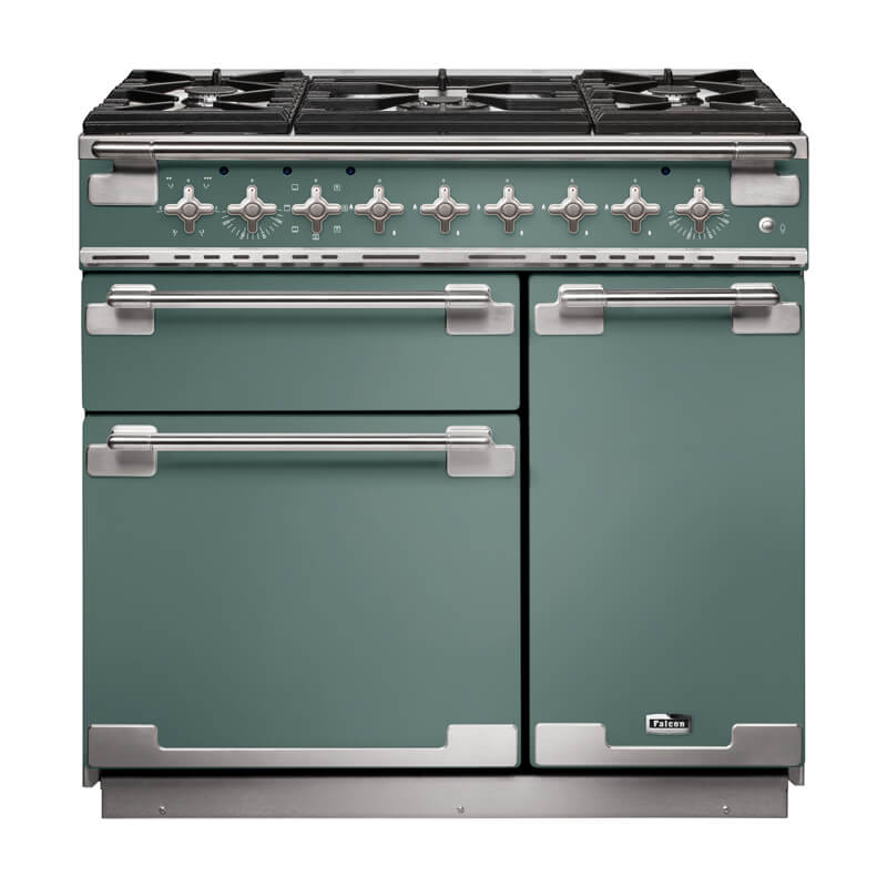 Falcon Elise 90cm Mineral Green & Nickel Dual Fuel Range Cooker with modern design and high-performance cooking features.