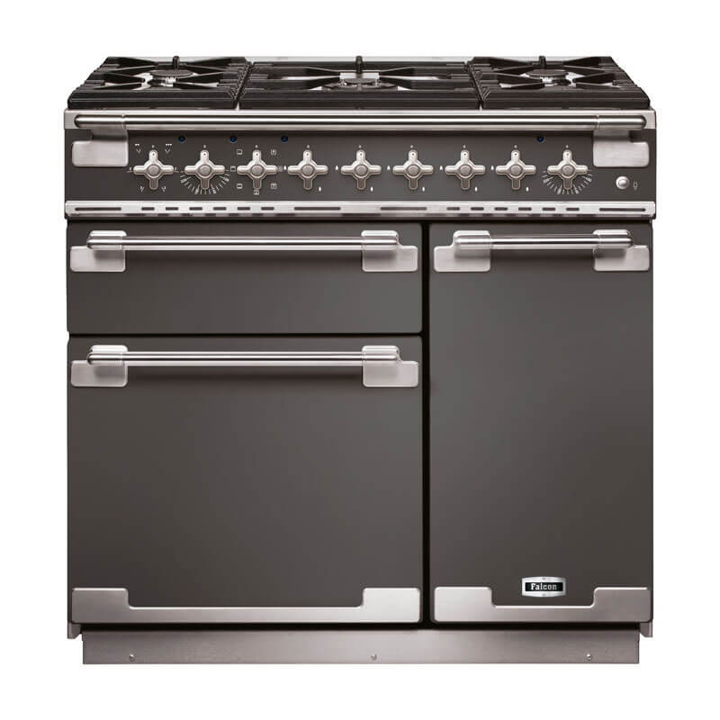 Falcon Elise 90cm Slate & Nickel Dual Fuel Range Cooker featuring a sleek design and advanced cooking technology.