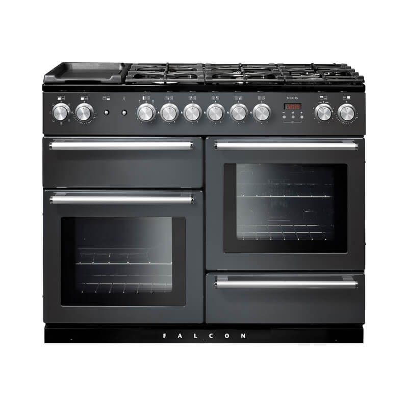 Falcon Nexus NEX110DFSL-CH 110cm Slate & Chrome Dual Fuel Range Cooker, a freestanding major kitchen appliance with stainless steel and smart cooking features, surrounded by high-end kitchen appliances including ovens, cooktops, and dishwashers.