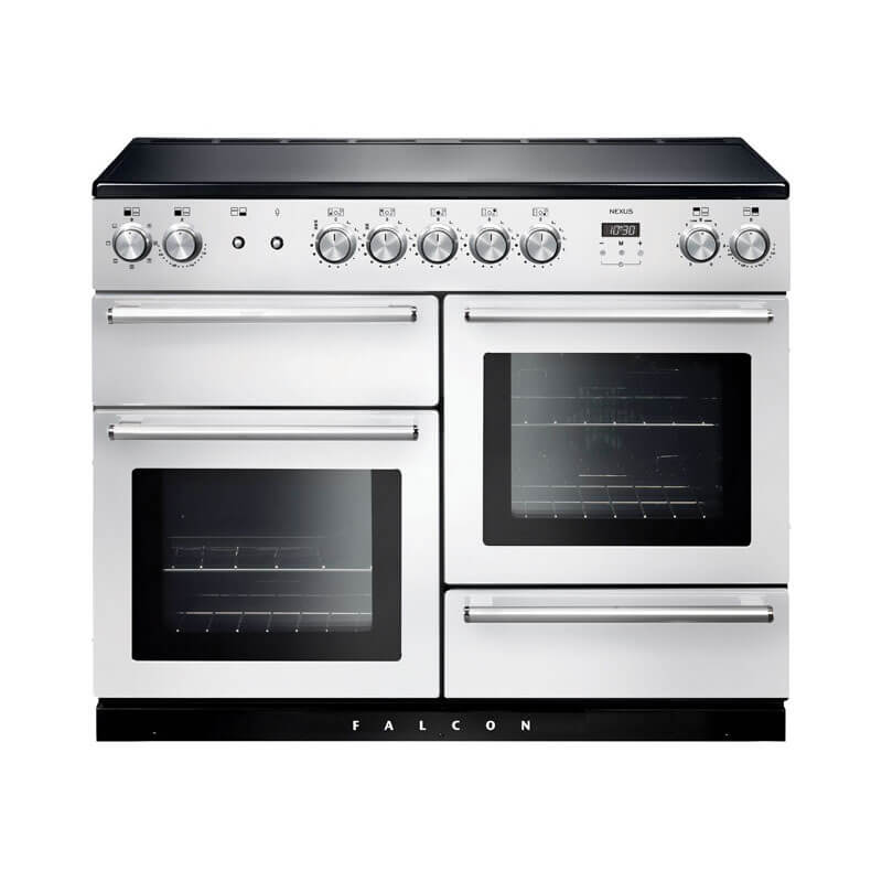 Falcon Nexus NEX110EIWH-CH 110cm White Chrome Induction Range Cooker, a sleek freestanding kitchen appliance with dual oven capacity, chrome details, and smart cooking technology for modern kitchens.