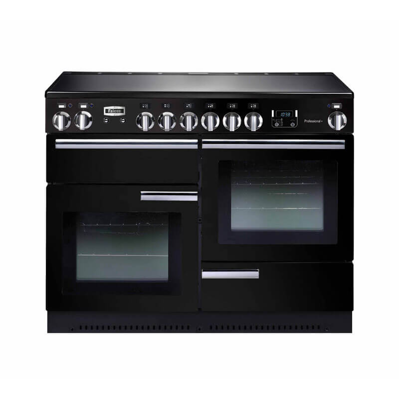 Falcon Professional+ 110cm Black & Chrome Induction Range Cooker featuring a sleek design and advanced cooking technology.