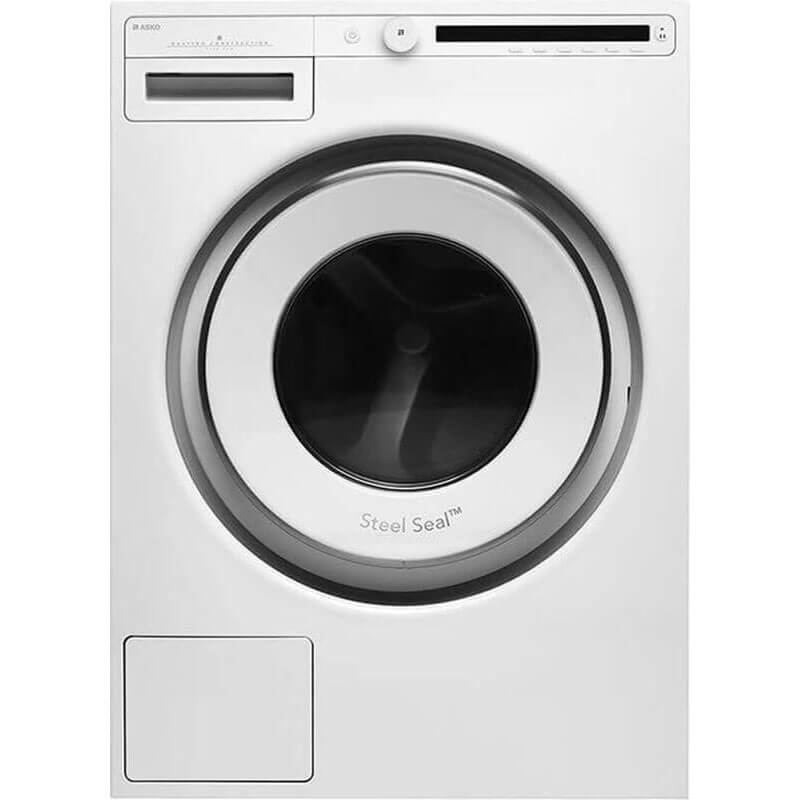 Asko front-loading washing machine W2084C.W.AU in white, showcasing a sleek and modern design with a large circular door and minimalist control panel.