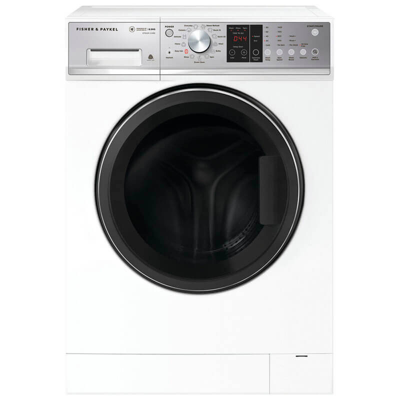 Fisher & Paykel Series 5 WH8560P3 Front Loader Washing Machine in a sleek white finish, designed with a modern control panel and front-loading door.