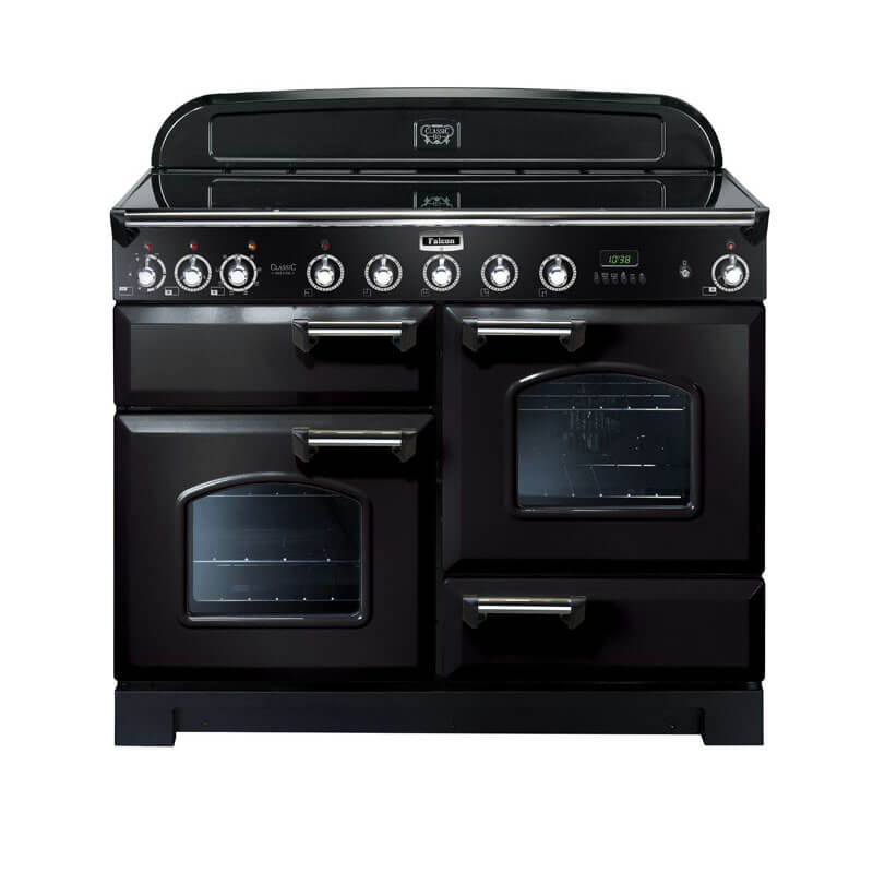 Falcon Classic Deluxe CDL110EIBL-CH 110cm Black & Chrome Induction Range Cooker – a sleek and modern freestanding cooking appliance with induction cooktops, dual ovens, and stainless steel finishes, perfect for kitchens.