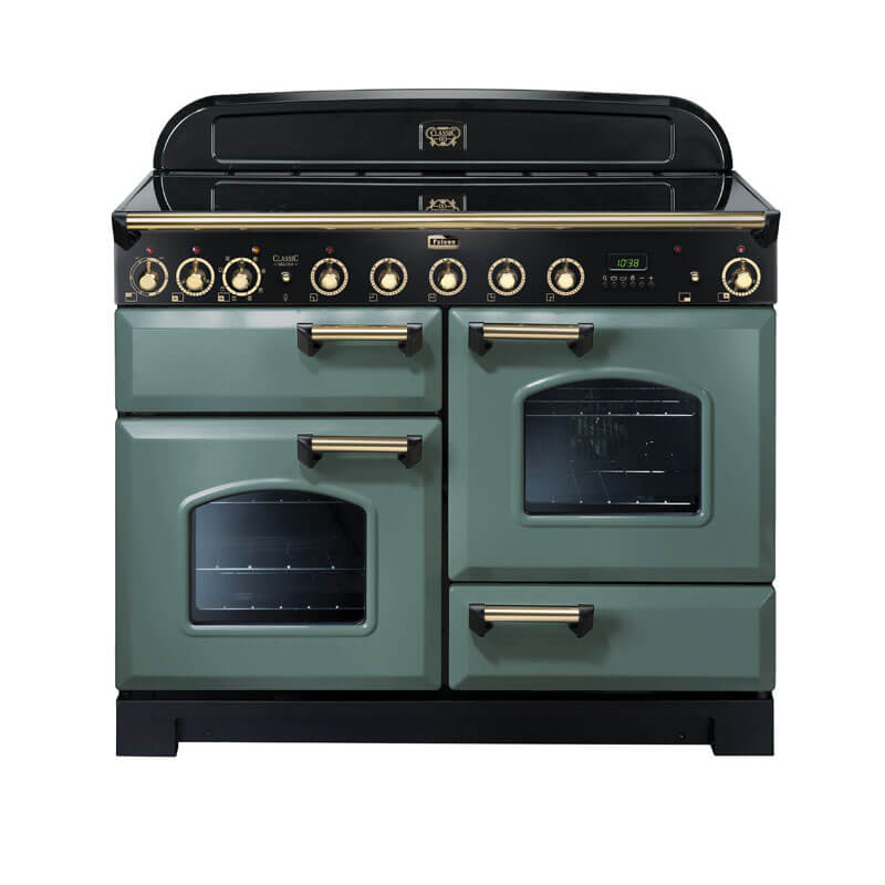 Falcon Classic Deluxe CDL110EIMG-BR 110cm Induction Range Cooker in Mineral Green with Brass Accents, showcasing a stylish freestanding kitchen appliance.