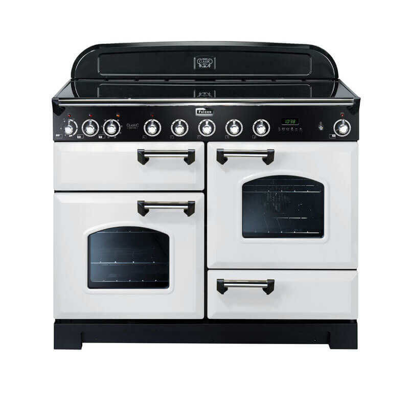 Falcon Classic Deluxe CDL110EIMG-CH 110cm Mineral Green & Chrome Induction Range Cooker showcasing a sleek freestanding design with a stylish mineral green and chrome finish.