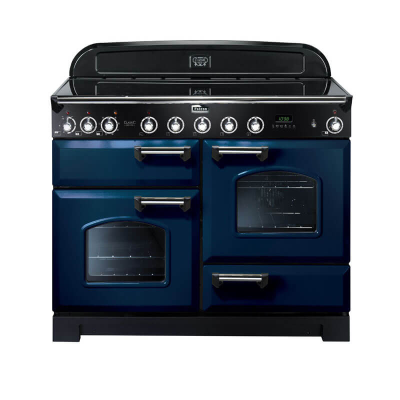 Falcon Classic Deluxe CDL110EIRB-CH 110cm Royal Blue & Chrome Induction Range Cooker - High-end kitchen appliance with induction cooktops, stainless steel features, and a freestanding design.