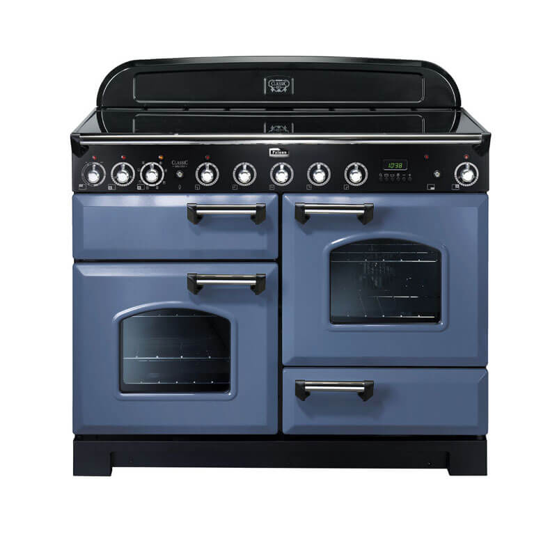 Falcon Classic Deluxe CDL110EISB-CH 110cm Stone Blue & Chrome Induction Range Cooker with sleek chrome accents, featuring a multi-function oven, induction cooktop, and stainless steel finish.