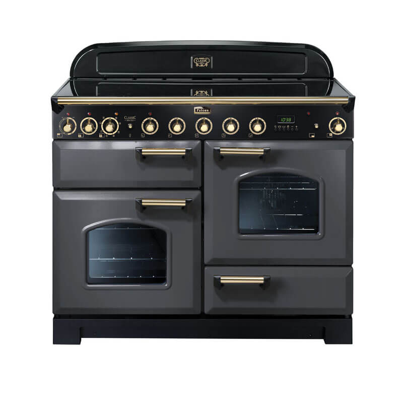 Falcon Classic Deluxe CDL110EISL-BR 110cm Slate & Brass Induction Range Cooker with sleek stainless steel accents, featuring multiple ovens, cooktops, and smart appliance technology for versatile kitchen use.