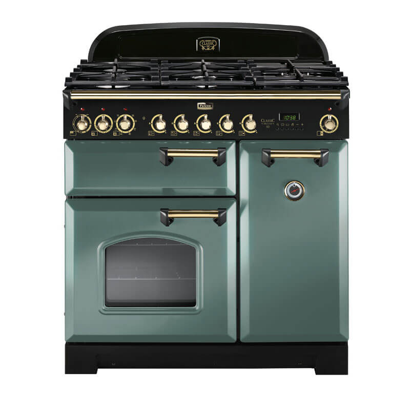 Falcon Classic Deluxe 90cm dual fuel range cooker in mineral green and brass for a stylish kitchen upgrade