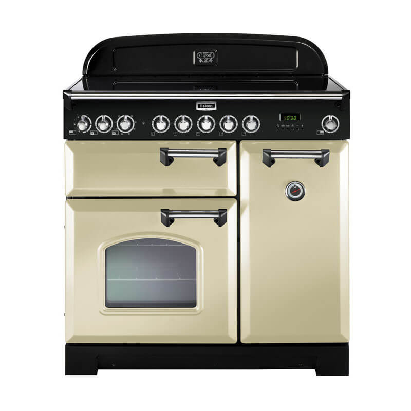 Falcon Classic Deluxe CDL90EICR-CH 90cm Cream & Chrome Induction Range Cooker in a stylish kitchen setting, showcasing its freestanding design with dual ovens and induction cooktop.