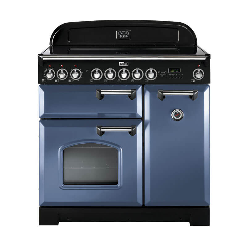 Falcon Classic Deluxe CDL90EISB-CH 90cm Stone Blue & Chrome Induction Range Cooker, a premium freestanding kitchen appliance with a sleek stainless steel finish, ideal for modern kitchens and smart cooking.