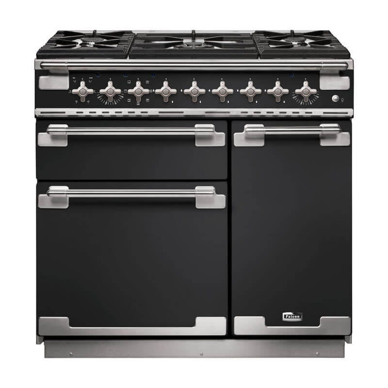 Falcon Elise 90cm Charcoal Black & Nickel Dual Fuel Range Cooker, combining elegance with high-performance cooking.