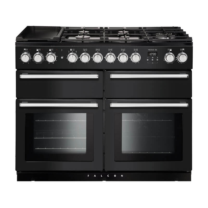 Falcon Nexus Se NEXSE110DFCB-CH 110cm Charcoal Black & Chrome Dual Fuel Range Cooker with multiple ovens, stainless steel cooktop, and smart appliance features for versatile cooking in modern kitchens.