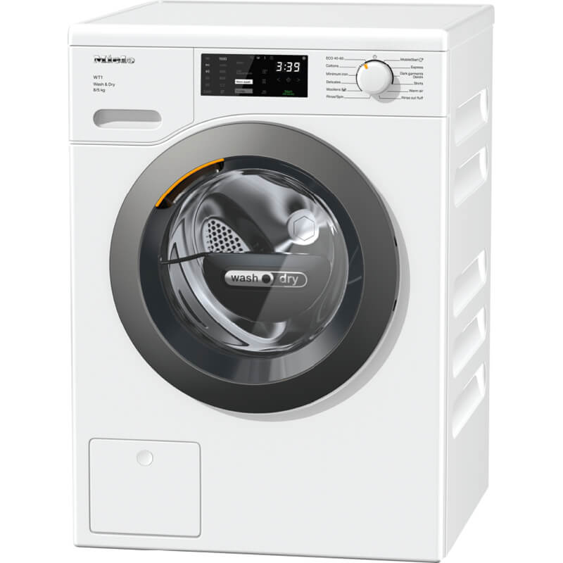 Miele WTD 160 WCS Washer-dryer, a sleek white front loader washing machine with an integrated dryer, featuring a digital display and ergonomic controls for efficient laundry care.