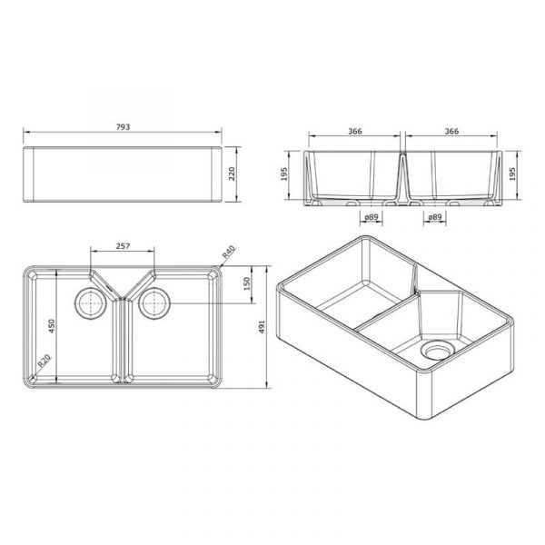 Turner Hastings Chester 80 x 50 Double Flat Front Butler Sink Gloss White | 7408 - Image 3