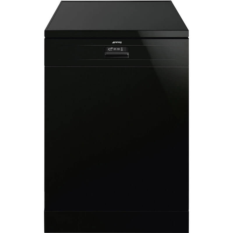 Smeg Freestanding Black Dishwasher with a sleek black finish, standing in a modern kitchen setting.