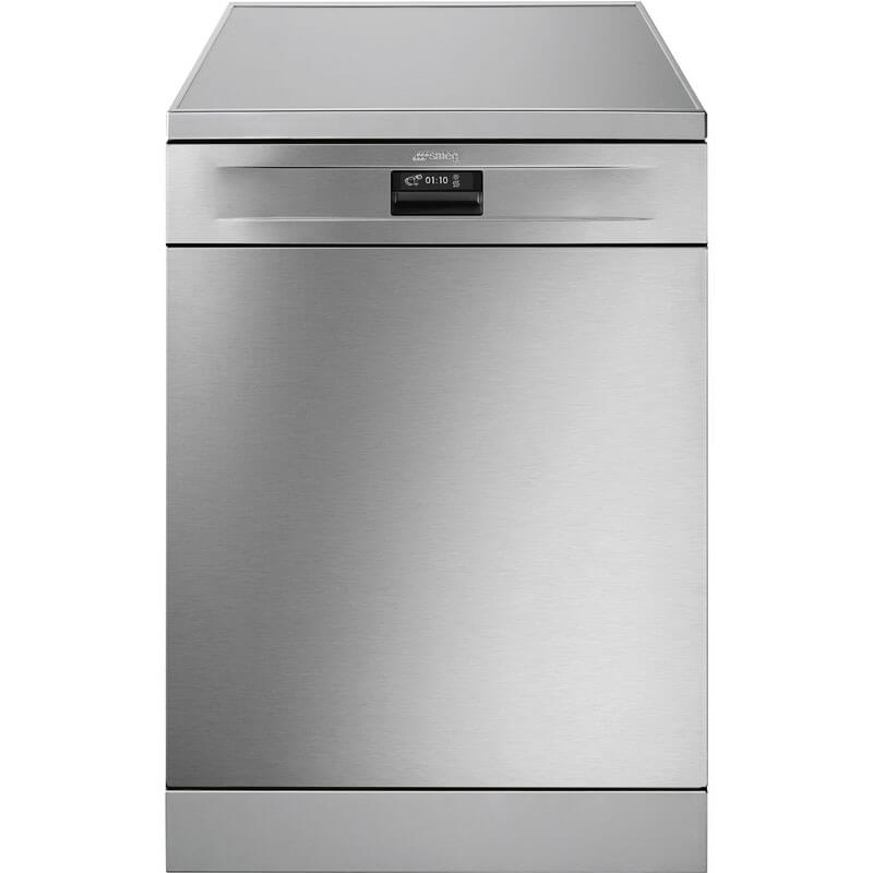 Smeg Freestanding Stainless Steel Dishwasher with a modern design, showcased in a contemporary kitchen environment.