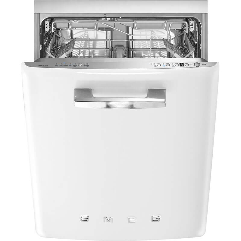 Smeg Fab Retro Built-In Dishwasher in White, featuring a stylish vintage design with modern dishwashing functionality.