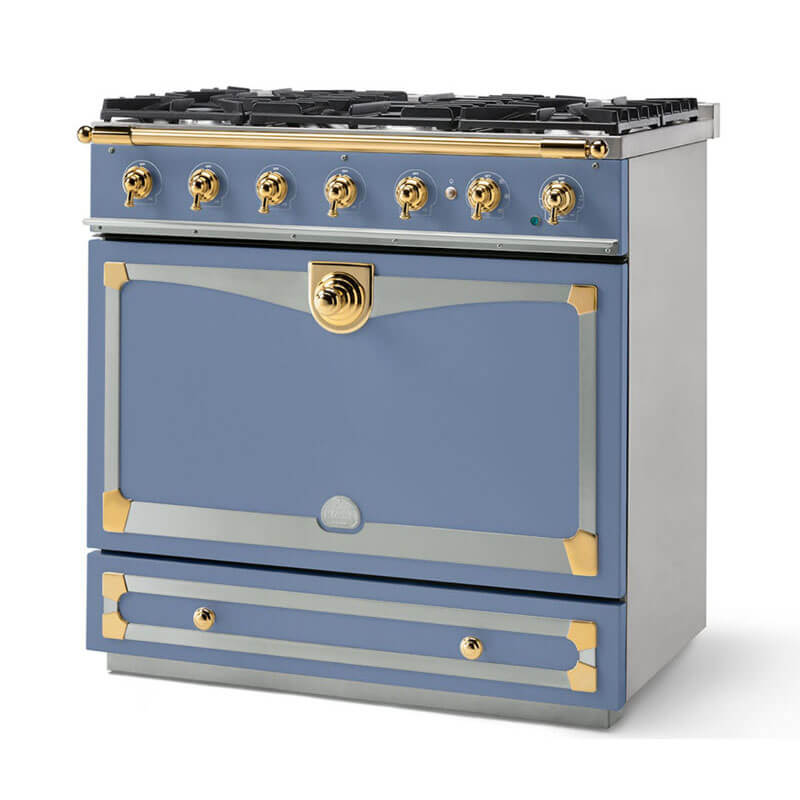 La Cornue Albertine90 ALB90DFPB Paris Blue Cooker, a premium kitchen appliance with stainless steel accents, offering superior cooking performance with modern smart appliances features.