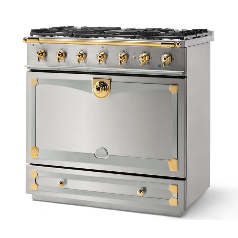 La Cornue Albertine90 ALB90DFSS Brushed Stainless Steel Cooker, a premium freestanding kitchen appliance featuring a modern stainless steel finish, ideal for stylish and efficient cooking.