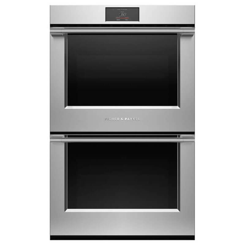 Fisher & Paykel Series 9 OB76DPPTX1 76cm Double Oven in a modern kitchen setting, showcasing its sleek stainless steel design.