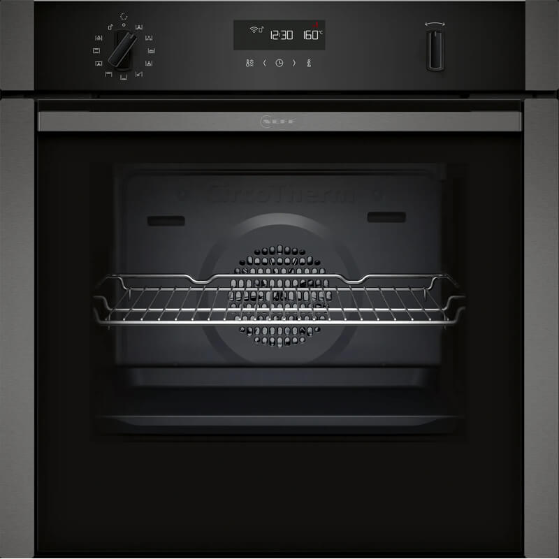 Neff built-in pyrolytic oven in graphite grey, offering self-cleaning functionality and modern design