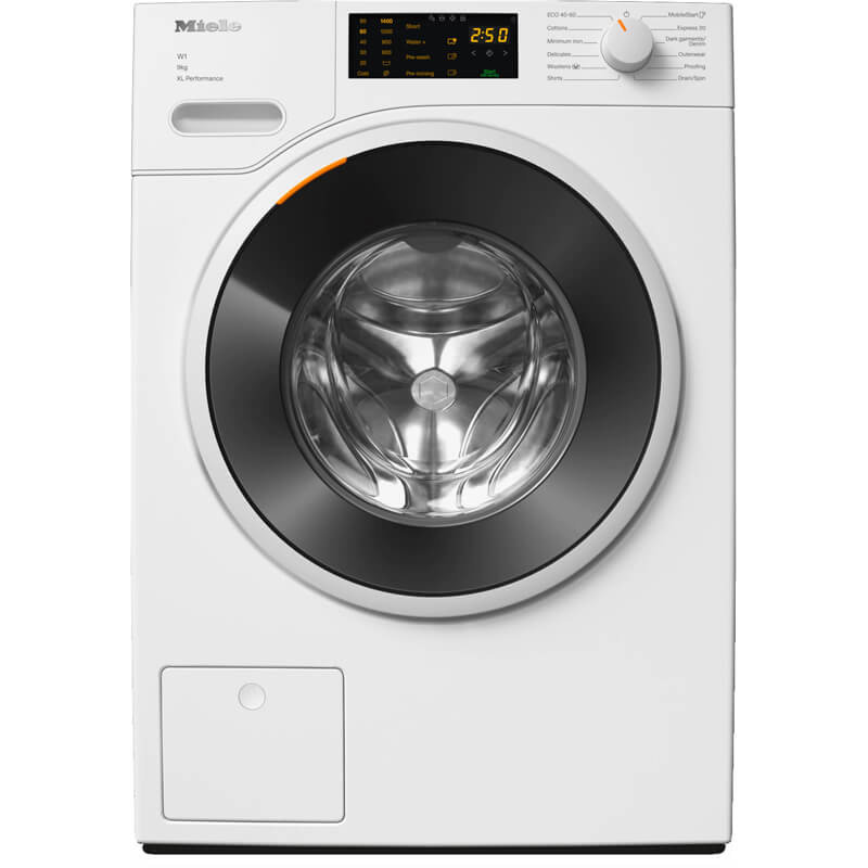 Miele WWD164 WCS 9kg front load washing machine with sleek white exterior and modern design, ideal for efficient laundry care.