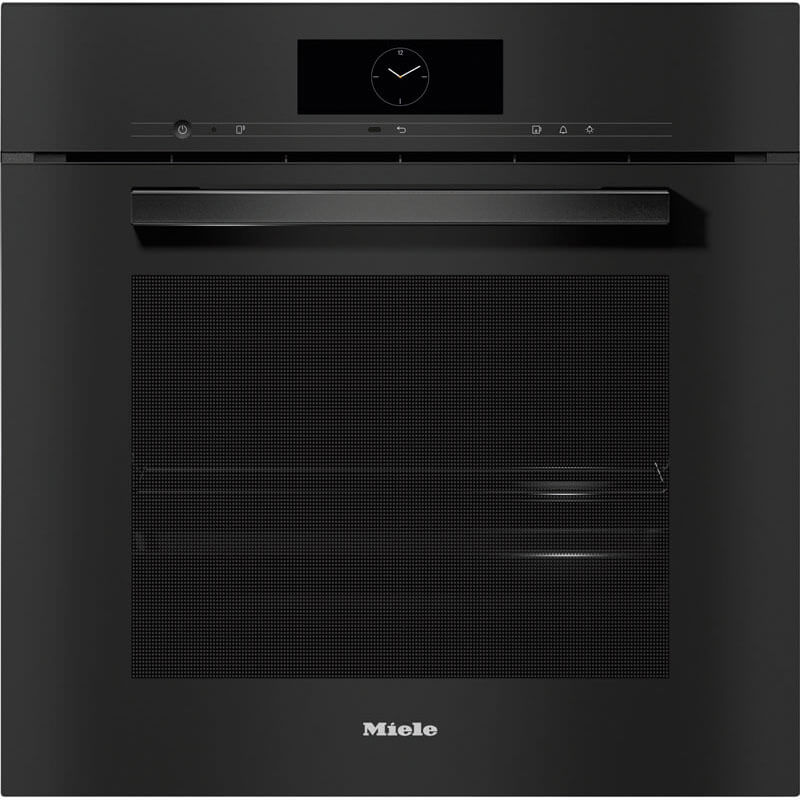 A sleek Miele DGC 7860 HC Pro VitroLine 12087870 OBSW Combi Steam Pyro Oven in stainless steel, showcasing its modern design and advanced cooking features in a contemporary kitchen setting.