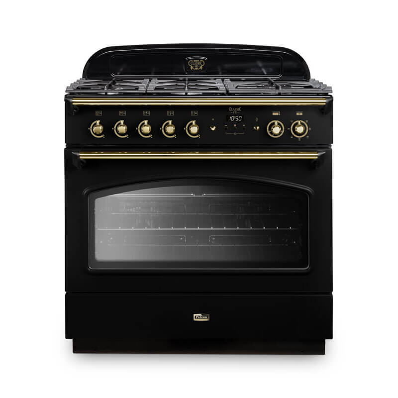 Falcon Classic Fx 90cm dual fuel range cooker in black and brass, offering a luxurious design with versatile cooking capabilities