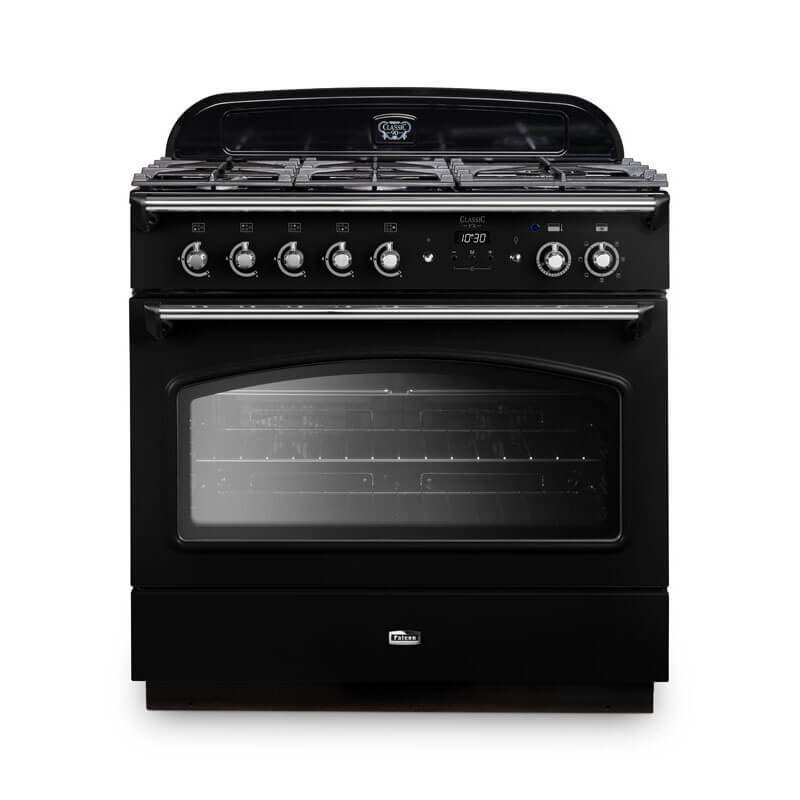 Falcon Classic Fx 90cm dual fuel range cooker in black and chrome, combining traditional style with modern functionality