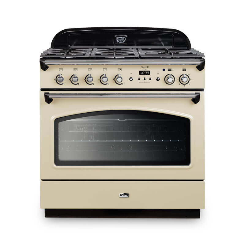 Falcon Classic Fx 90cm dual fuel range cooker in cream and chrome, featuring timeless design and advanced cooking features