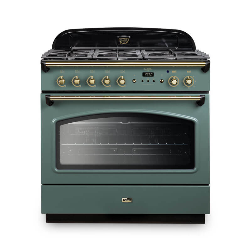 Falcon Classic Fx 90cm dual fuel range cooker in mineral green and brass, designed for elegance and superior cooking