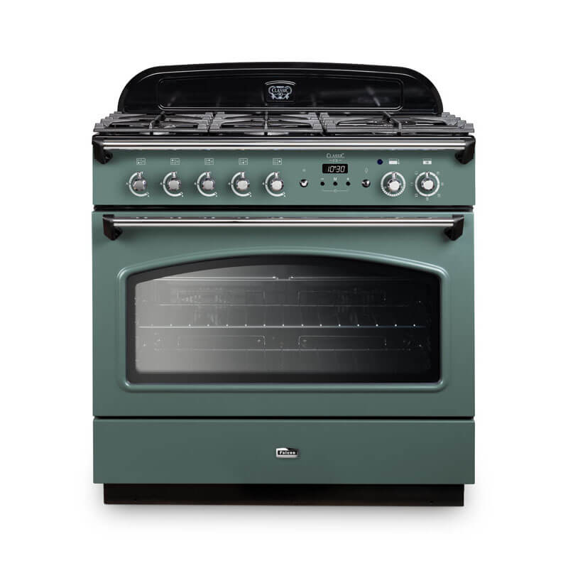 Falcon Classic Fx 90cm dual fuel range cooker in mineral green and chrome, providing style and reliable cooking features