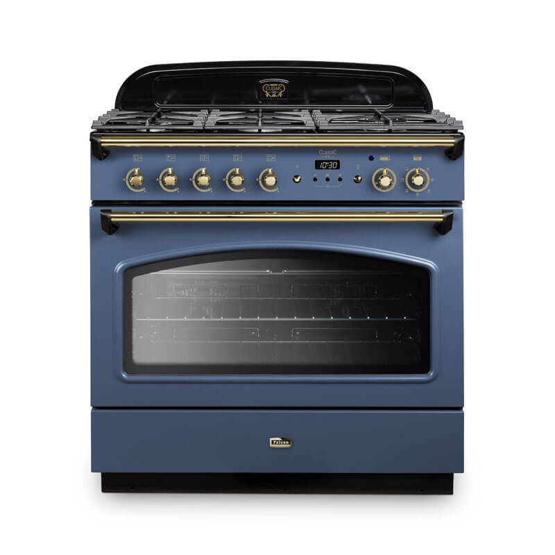 Falcon Classic Fx 90cm dual fuel range cooker in stone blue and brass, combining premium design with advanced cooking capabilities