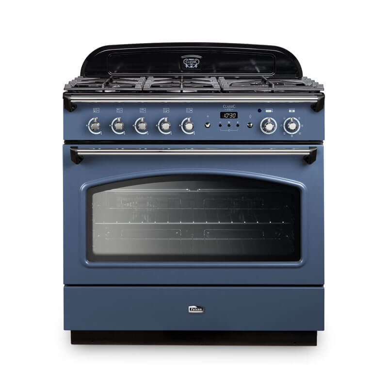 Falcon Classic Fx 90cm dual fuel range cooker in stone blue and chrome, perfect for stylish and efficient cooking