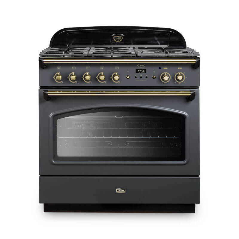 Falcon Classic Fx 90cm dual fuel range cooker in slate and brass, a stylish addition to any modern kitchen