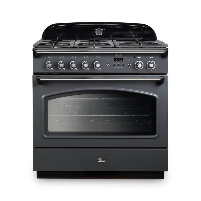 Falcon Classic Fx 90cm dual fuel range cooker in slate and chrome, a perfect blend of elegance and utility